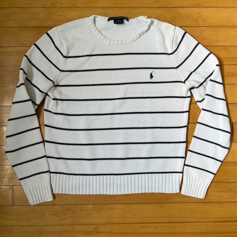 Ralph Lauren Sport Striped Cotton Sweater White Navy Blue Button Shoulder XL